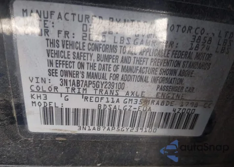 2016 Nissan Sentra Sl z USA, uszkodzony, nr VIN 3N1AB7AP5GY239100